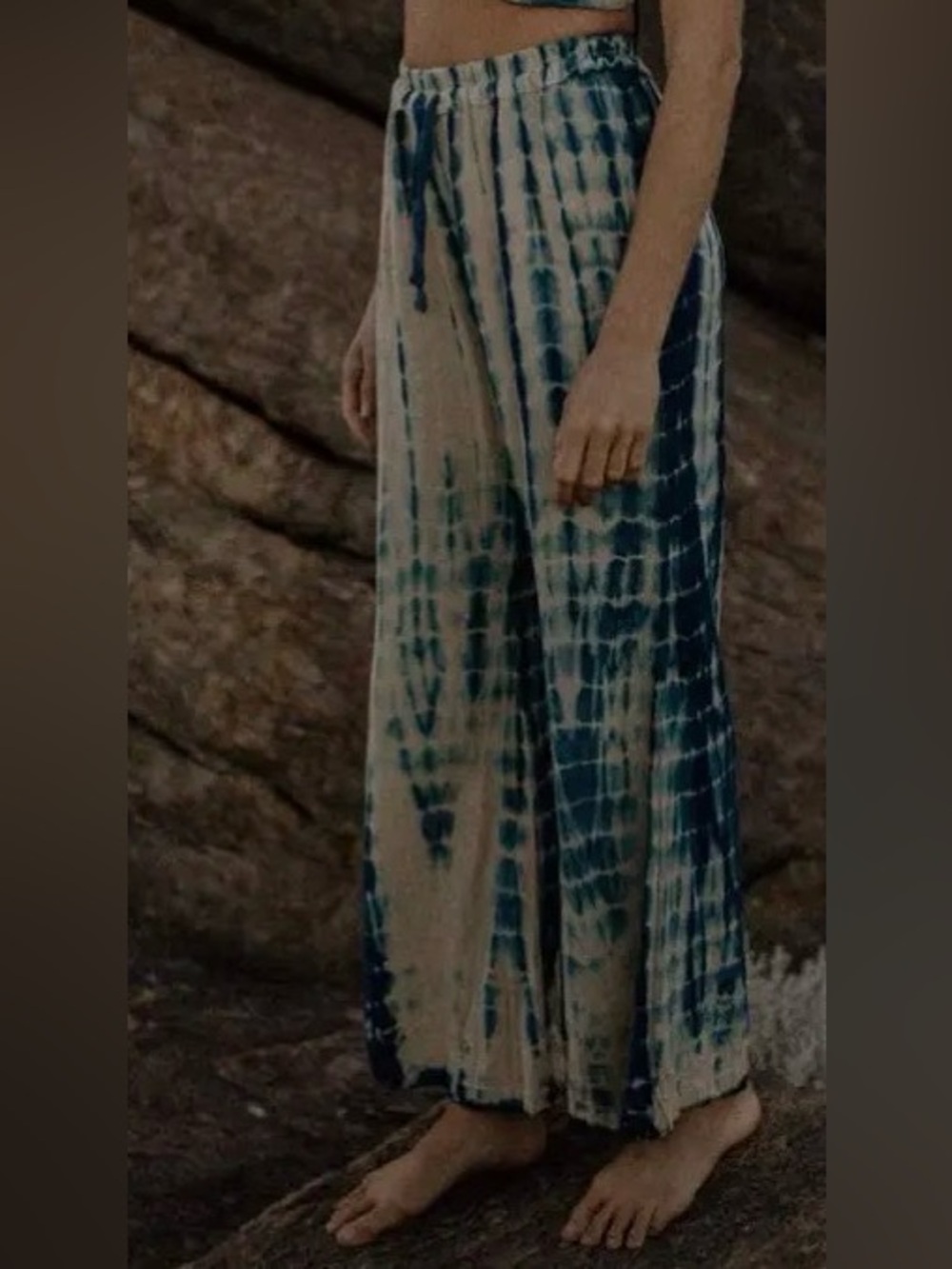 Beige & Navy Tie-Dye Wide-Leg Pants